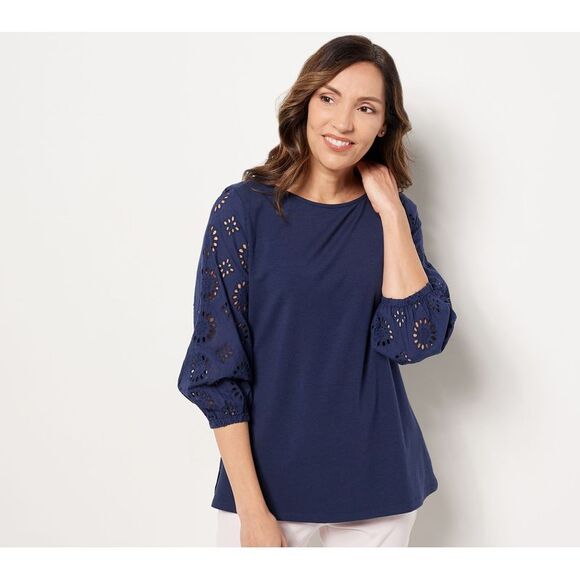 Belle by Kim Gravel Tops - Belle by Kim Gravel Women's Top Sz XL TripleLuxe Knit  Eyelet Blue A471023